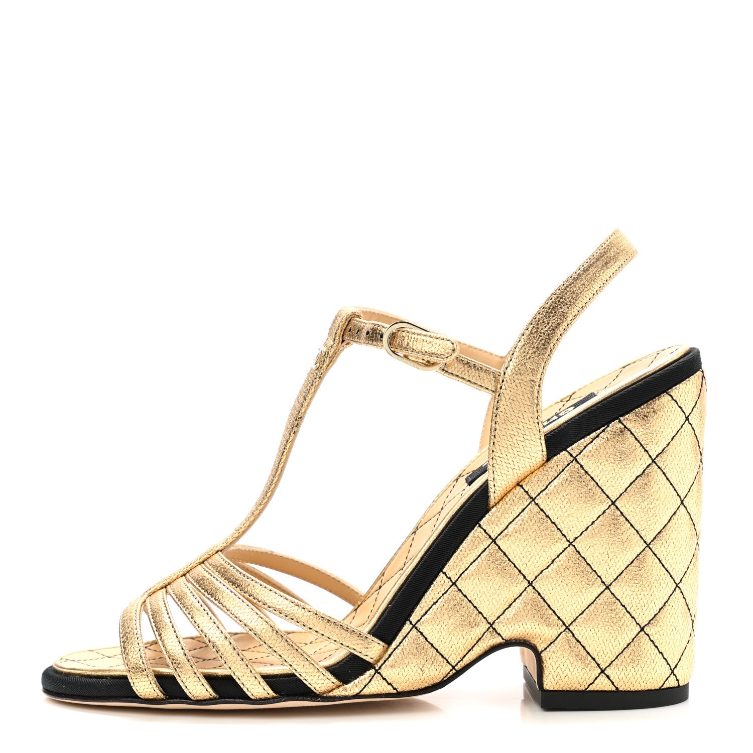 Chanel Laminated Goatskin Quilted Wedge Sandals 38.5 Gold 1 of 10