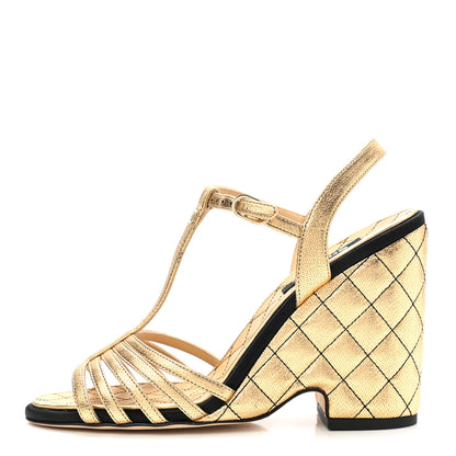 Chanel Laminated Goatskin Quilted Wedge Sandals 38.5 Gold 1 of 10