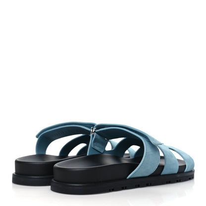 Hermes Suede Goatskin Womens Chypre Sandals 37.5 Bleu Mineral 4 of 9