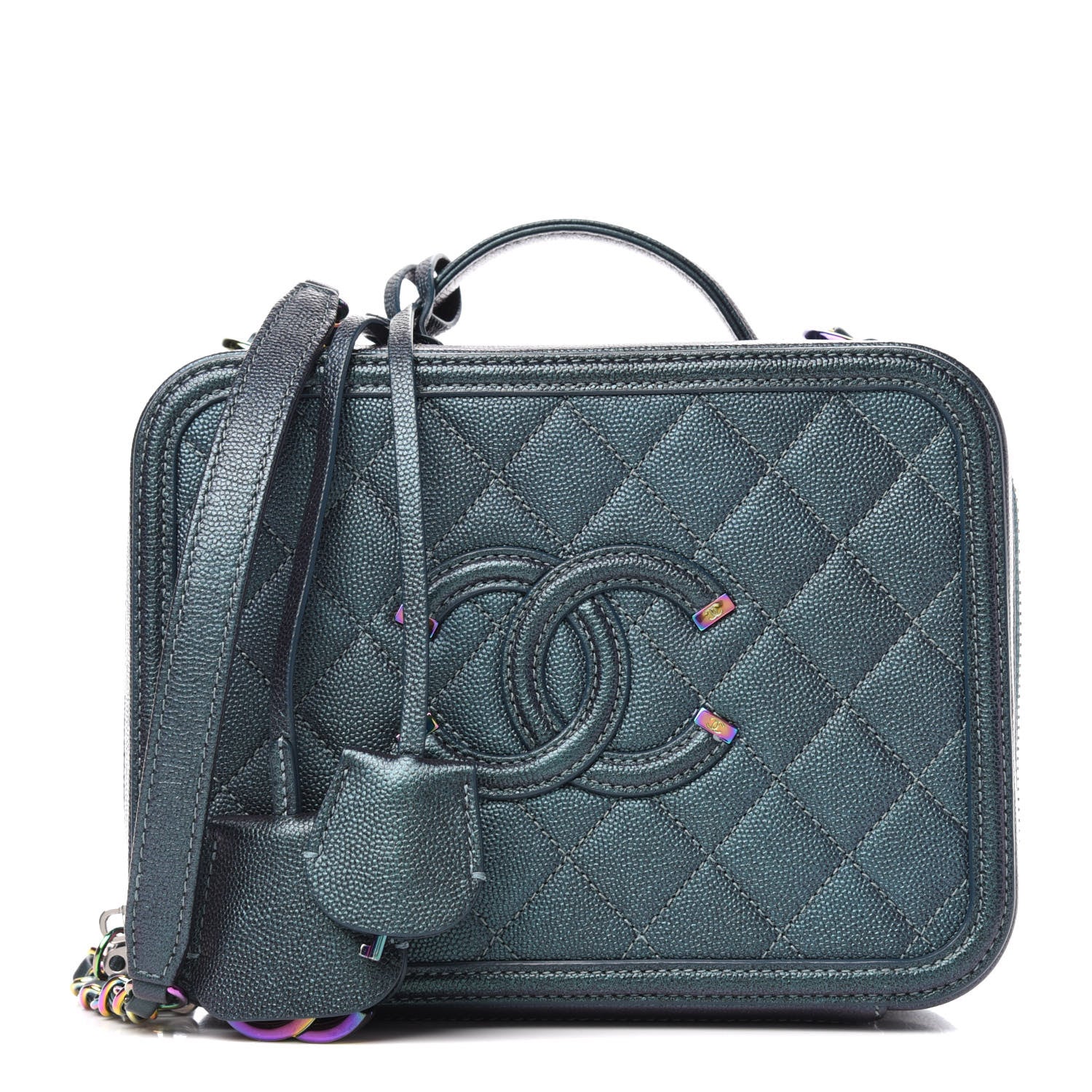Chanel Iridescent Caviar Quilted Medium CC Filigree Vanity Case Dark Turquoise 1 of 12