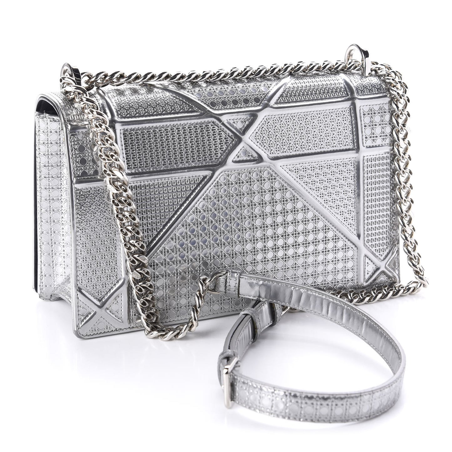 Metallic Patent Micro-Cannage Medium Diorama Flap Bag Silver