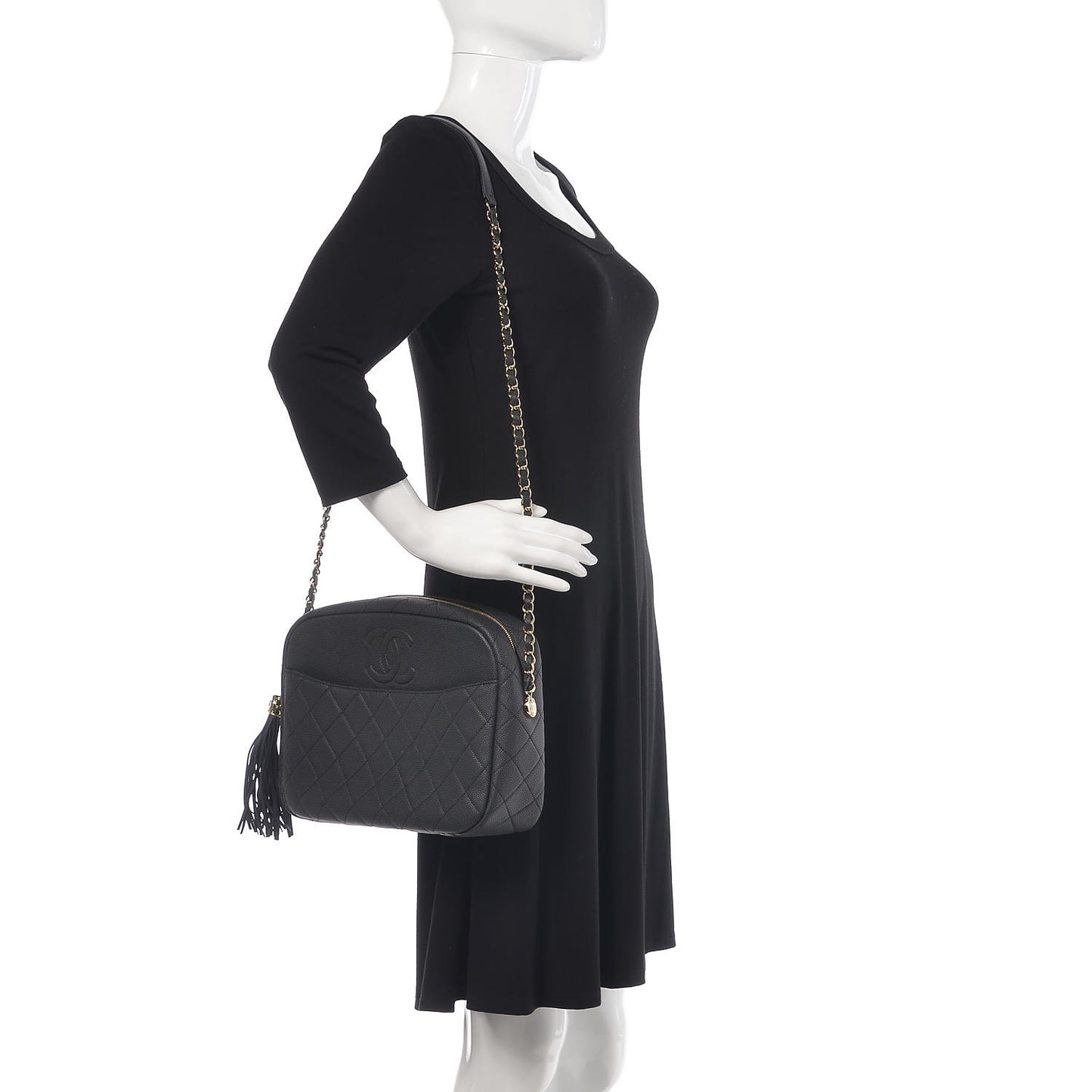 Caviar Quilted Large Coco Tassel Camera Case Black