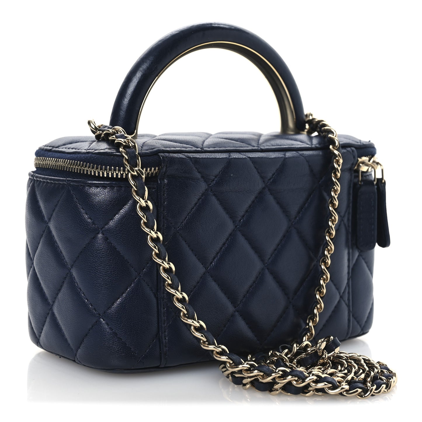 Lambskin Quilted Small Charming Top Handle Vanity Case With Chain Navy Blue