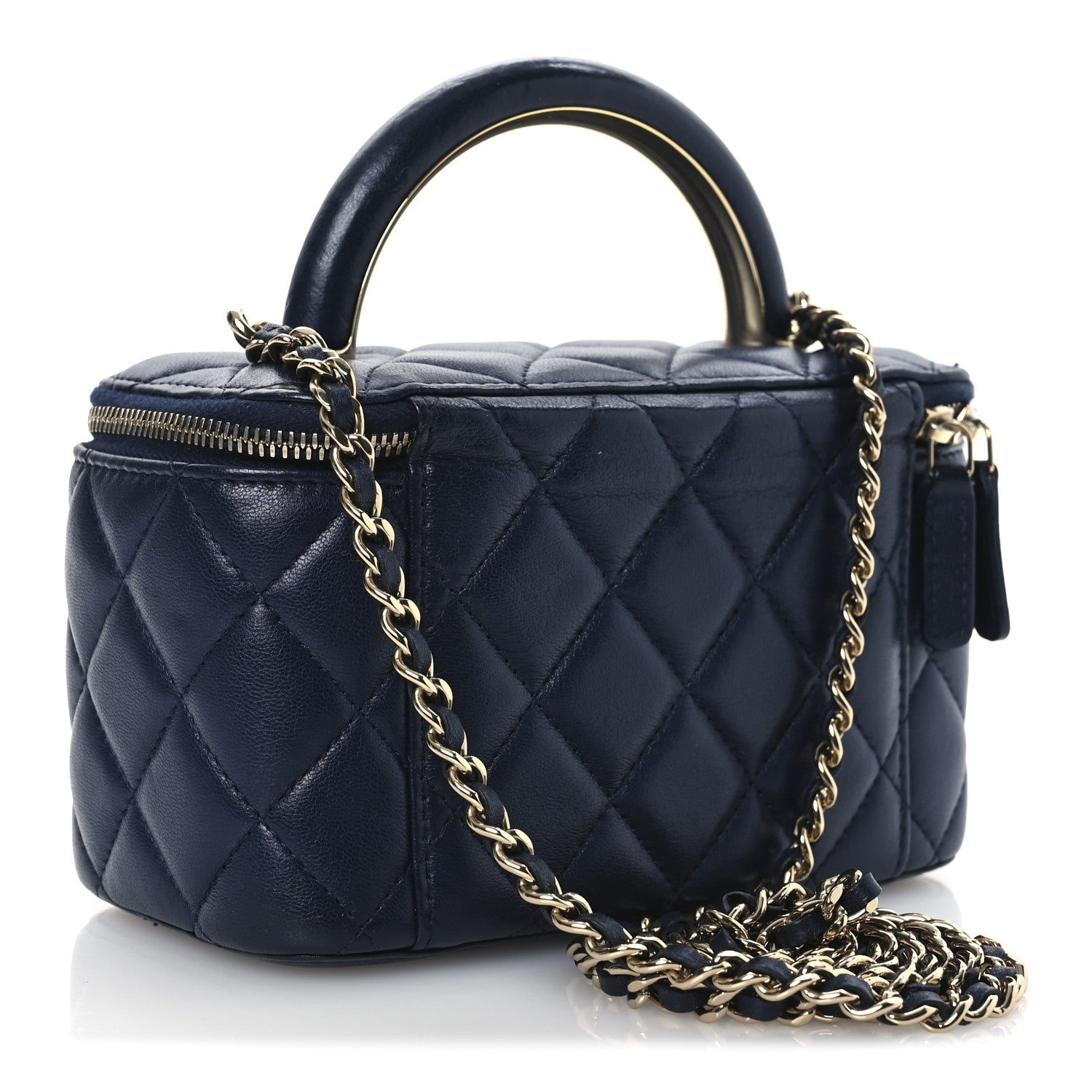 Chanel Lambskin Quilted Small Charming Top Handle Vanity Case With Chain Navy Blue 3 of 12