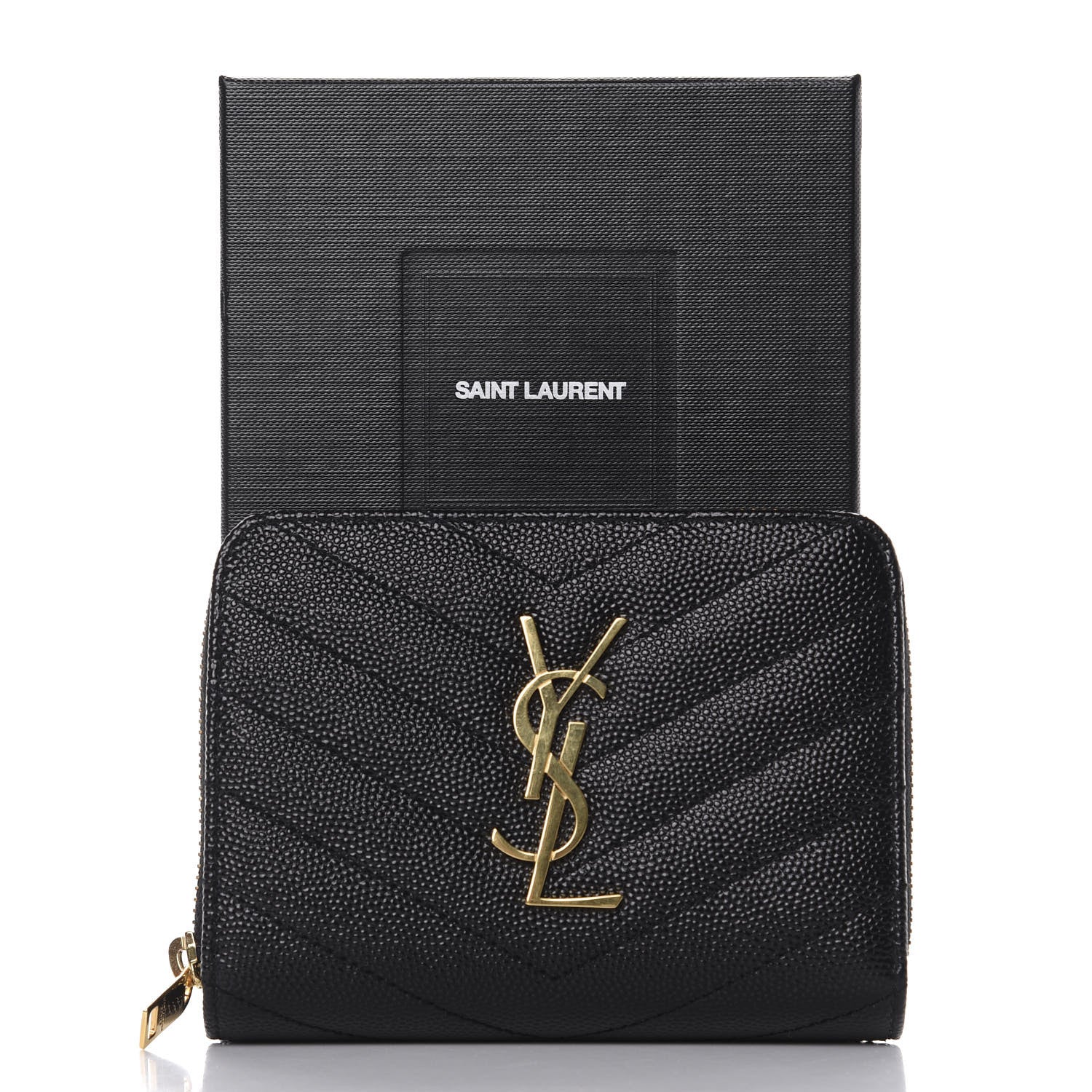 Saint Laurent Grain De Poudre Matelasse Chevron Monogram Compact Zip Around Wallet Black 8 of 8