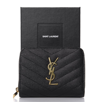 Saint Laurent Grain De Poudre Matelasse Chevron Monogram Compact Zip Around Wallet Black 8 of 8