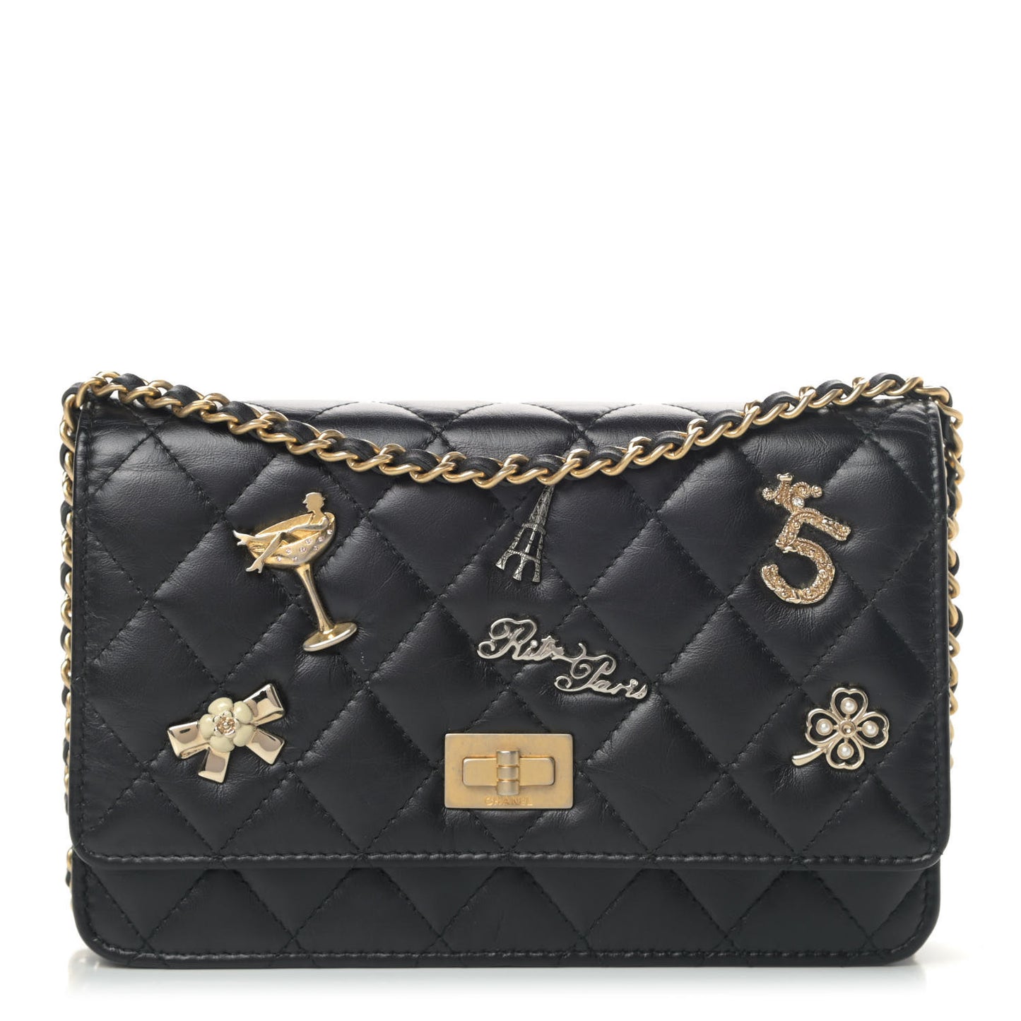 Aged Calfskin Quilted Lucky Charms 2.55 Reissue Wallet On Chain WOC Black