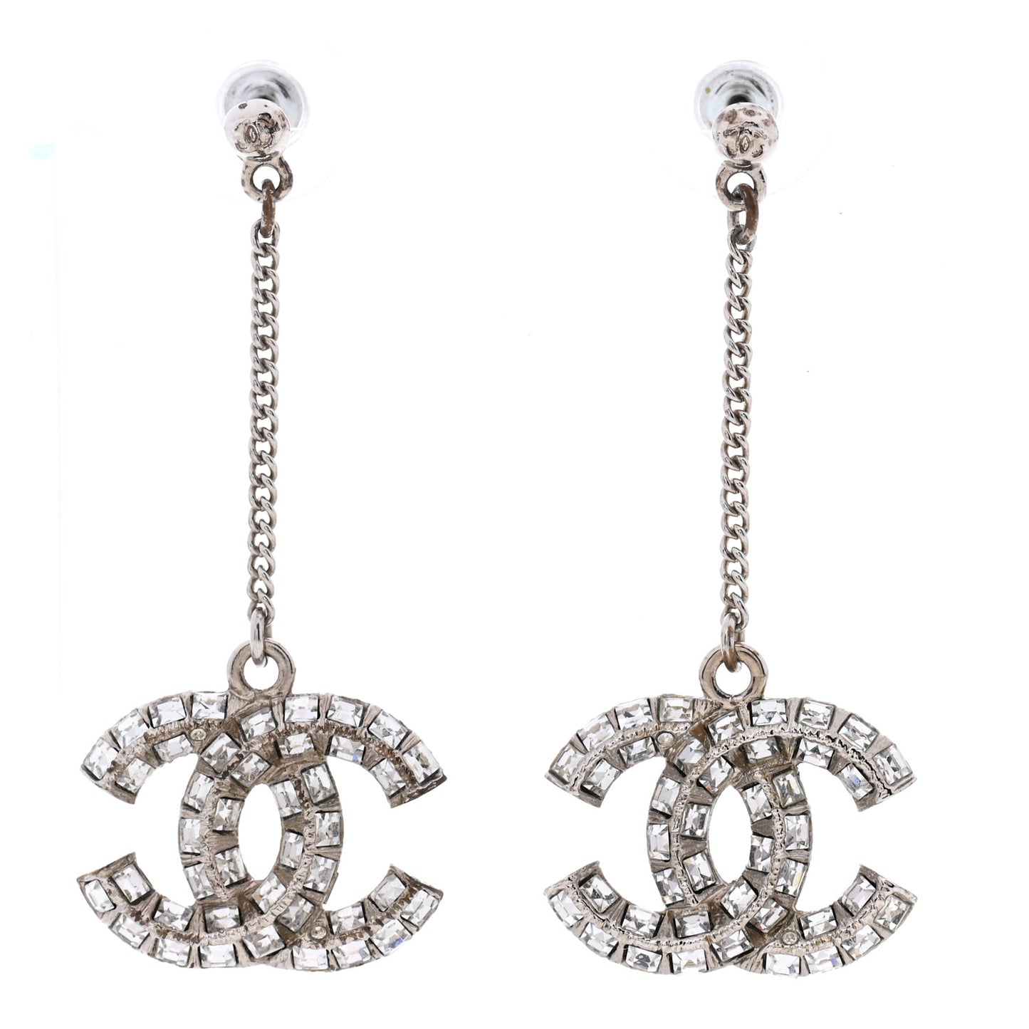 Baguette Crystal CC Drop Earrings Silver