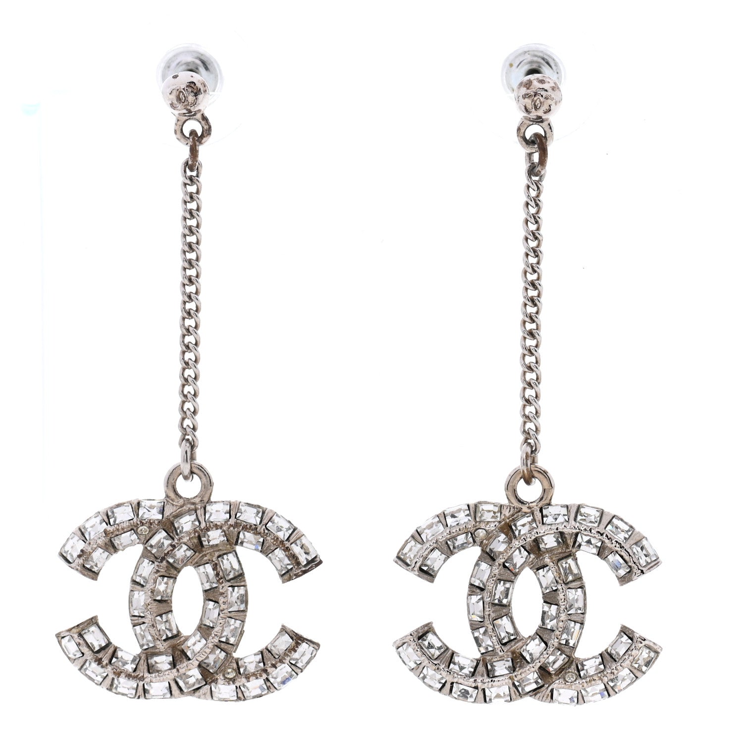 Chanel Baguette Crystal CC Drop Earrings Silver 1 of 5