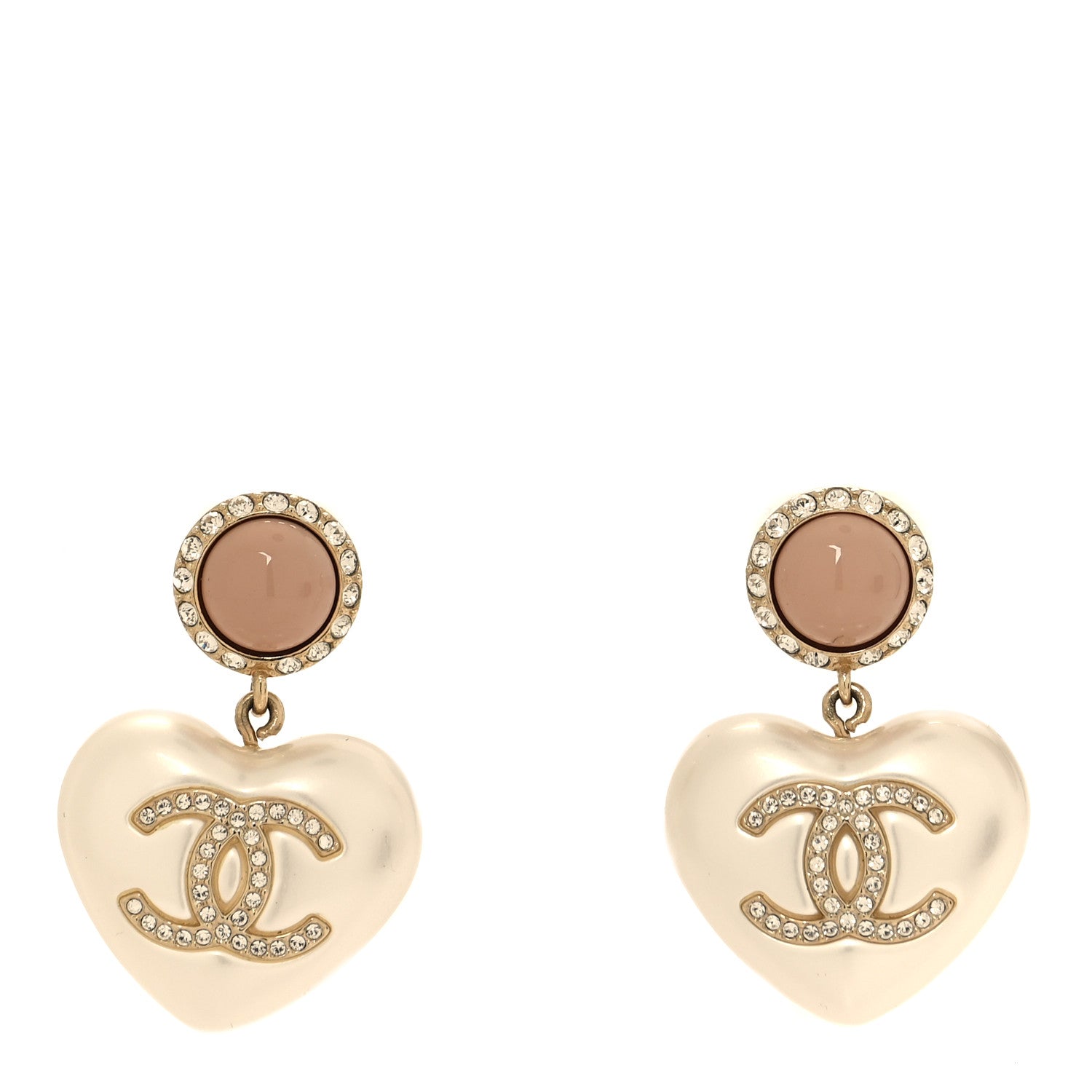 Chanel Pearl Resin Crystal CC Heart Drop Earrings Pink Gold 1 of 5