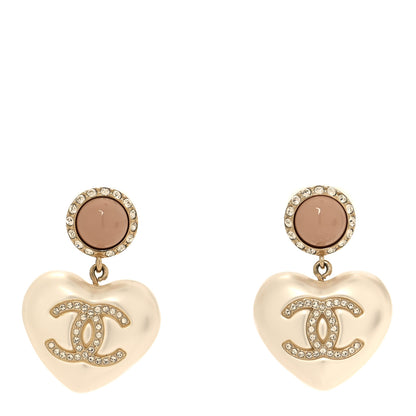Chanel Pearl Resin Crystal CC Heart Drop Earrings Pink Gold 1 of 5