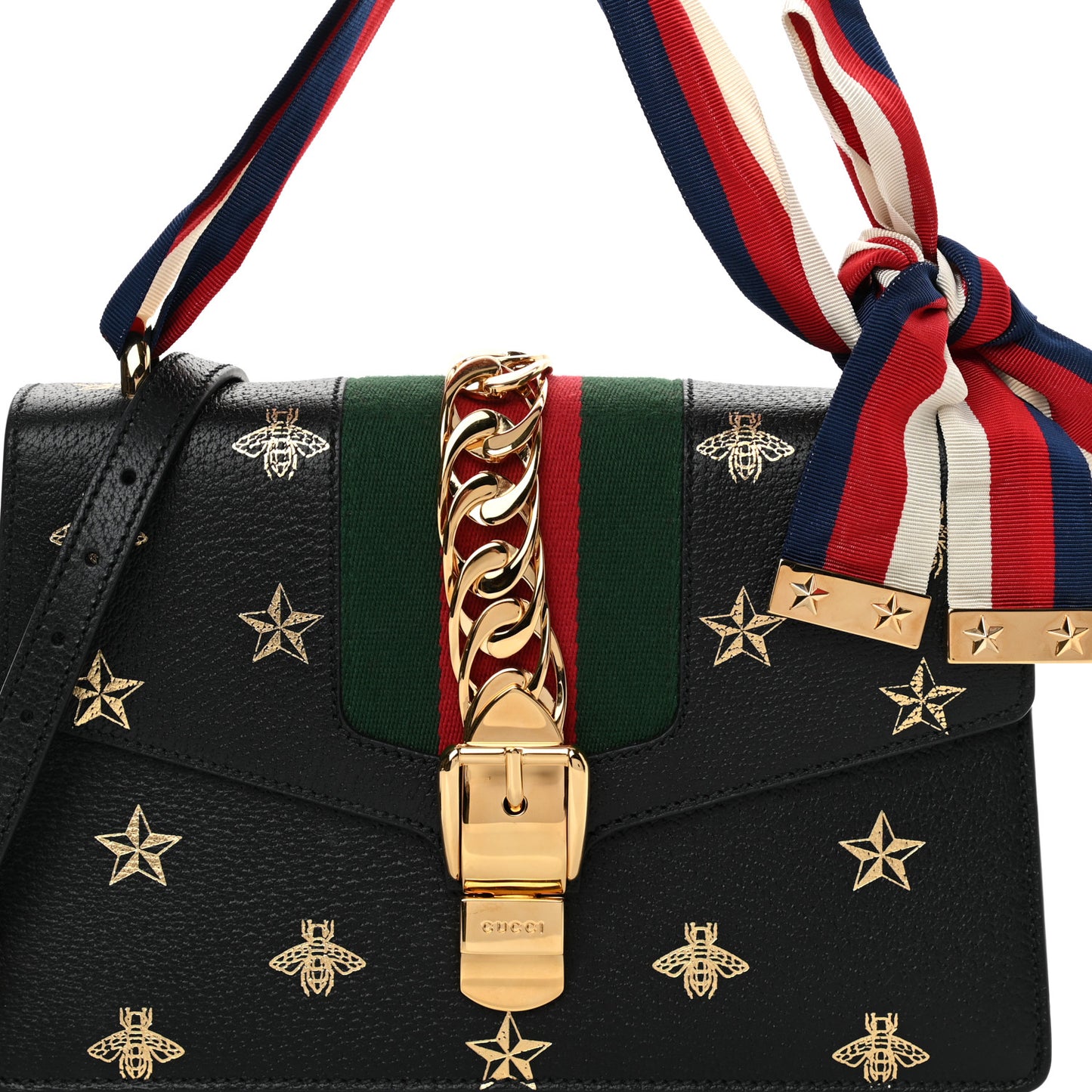 Textured Calfskin Bee Star Print Small Sylvie Shoulder Bag Black