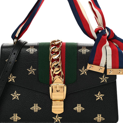 Gucci Textured Calfskin Bee Star Print Small Sylvie Shoulder Bag Black 8 of 13