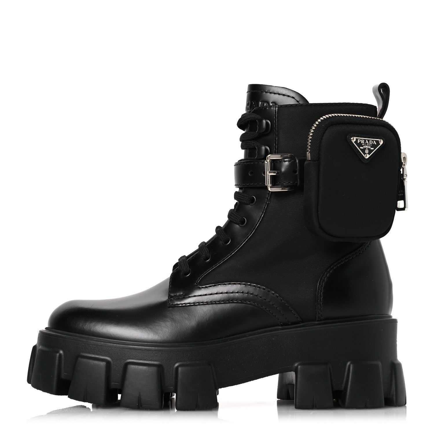 Prada Spazzolato Rois Nylon Metal Triangle Logo Monolith Pouch Pocket 55mm Boots 38 Black 1 of 11