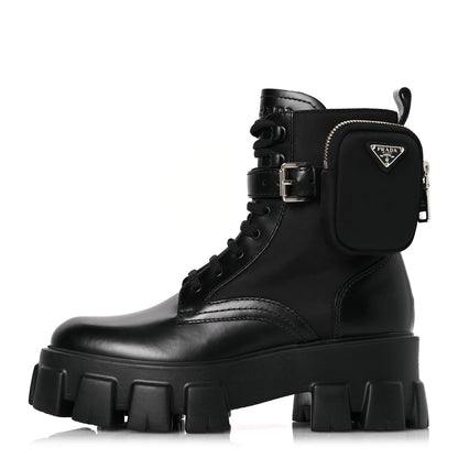 Prada Spazzolato Rois Nylon Metal Triangle Logo Monolith Pouch Pocket 55mm Boots 38 Black 1 of 11