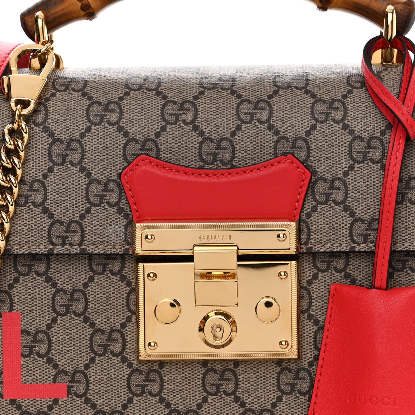 GG Supreme Monogram Calfskin Love Valentines Day Small Padlock Bamboo Shoulder Bag Beige Ebony New Geranium