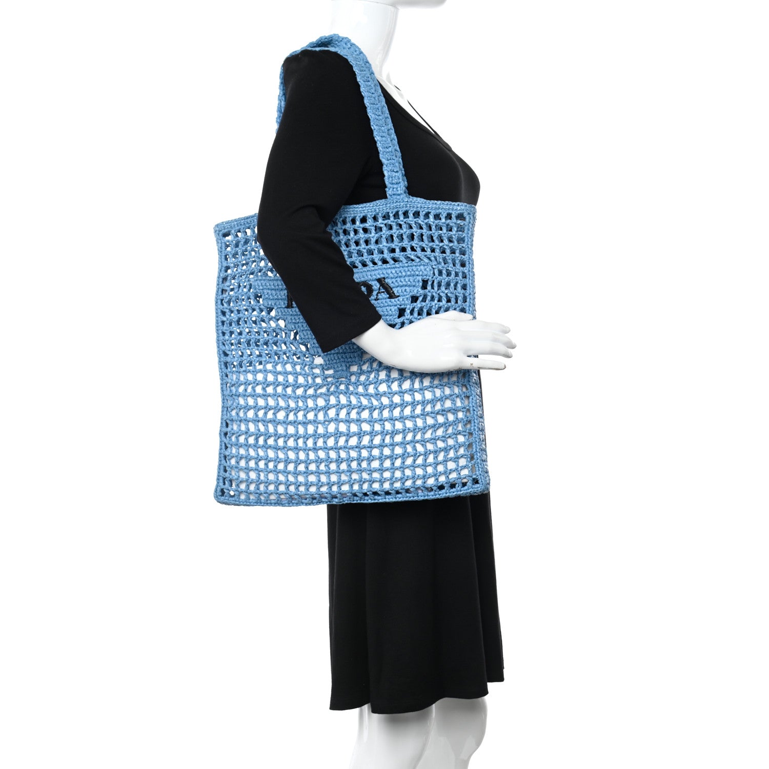 Prada Yarn Raffia Effect Crochet Logo Embroidered Tote Bag Celeste 2 of 9