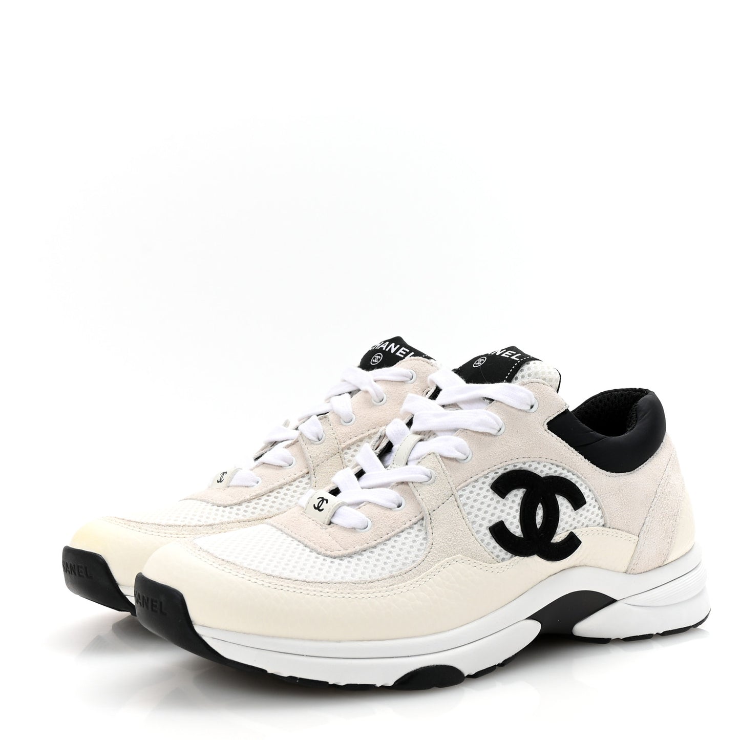 Mesh Suede Calfskin Grained Calfskin Womens CC Sneakers 41 White Black