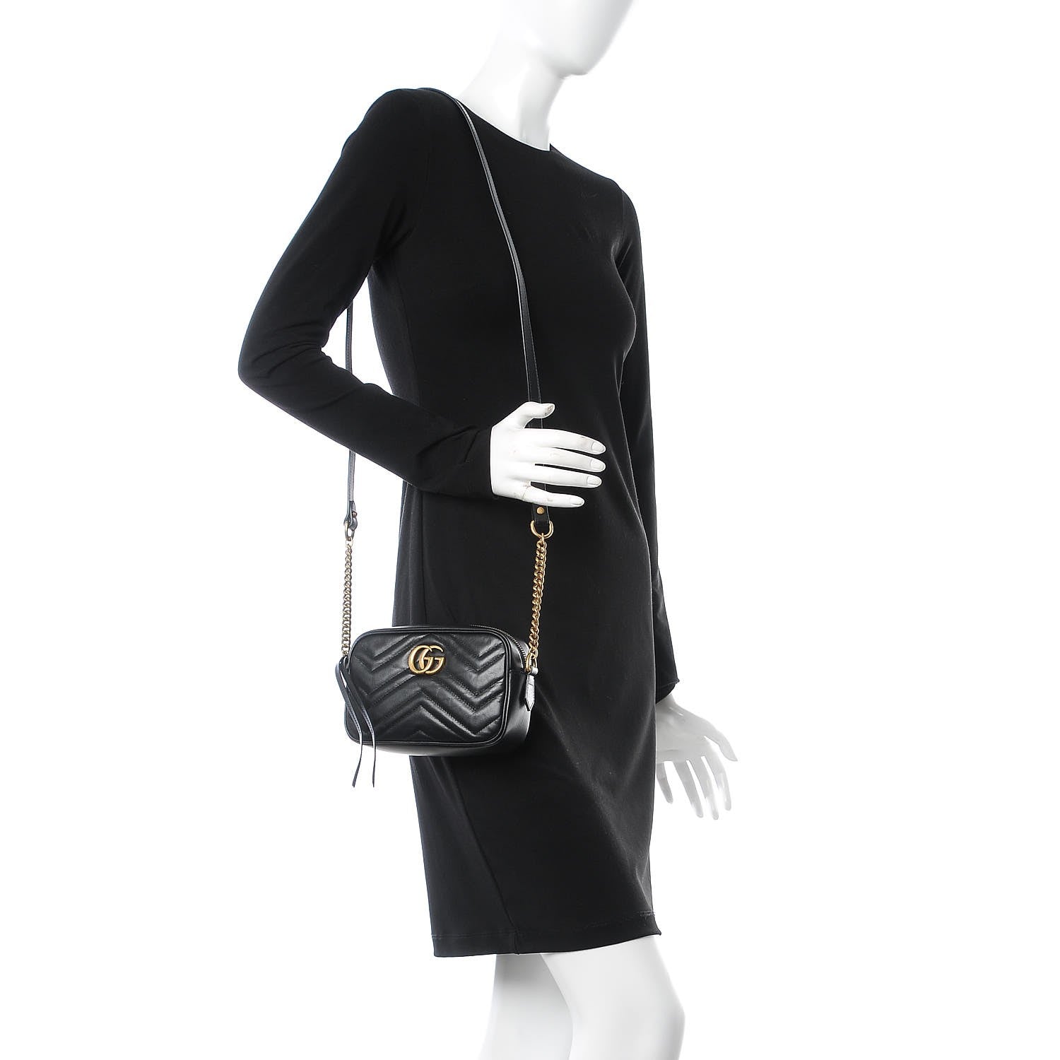 Gucci Calfskin Matelasse Mini GG Marmont Chain Shoulder Bag Black 2 of 7