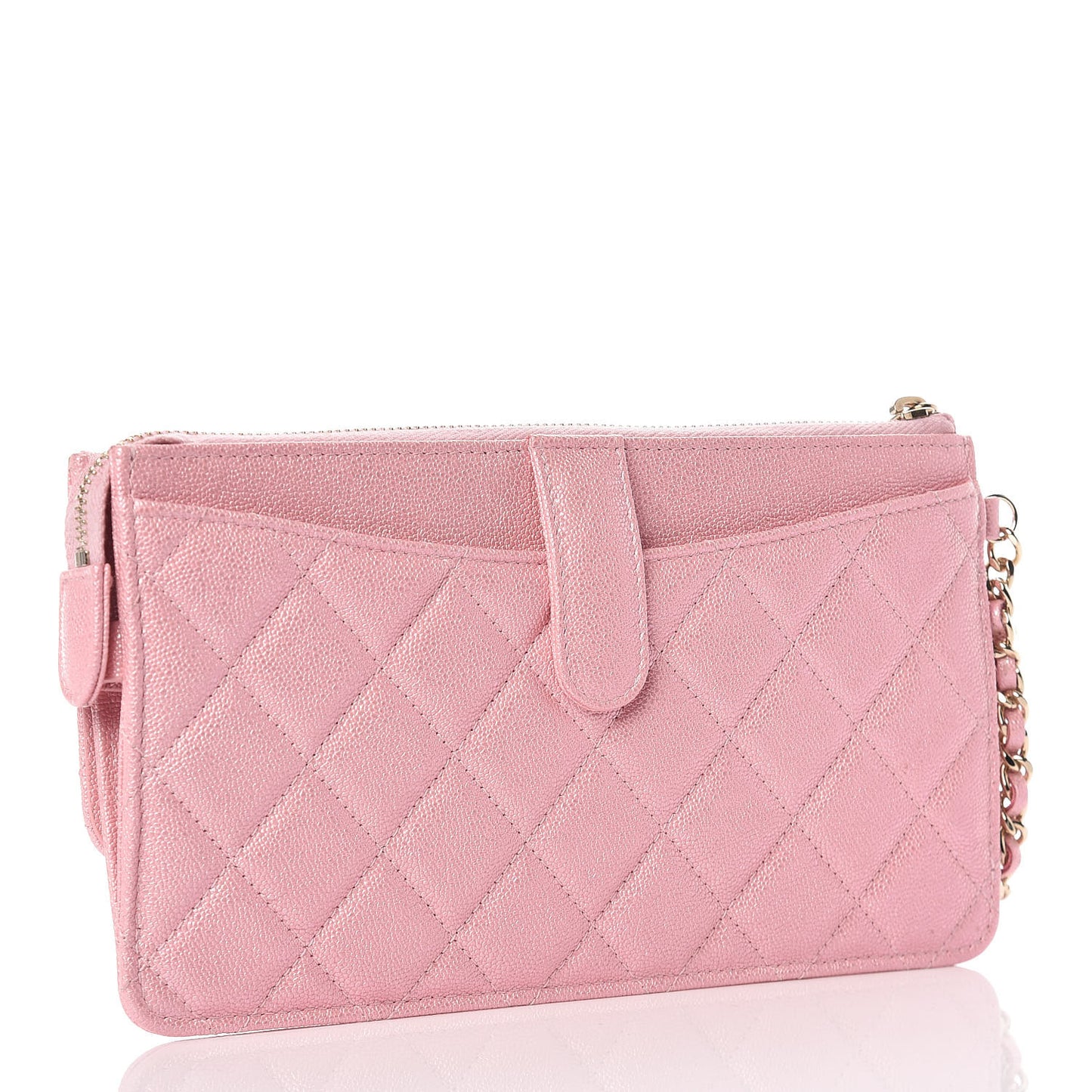 Iridescent Caviar Quilted Classic Pouch With Handle Rose Pink
