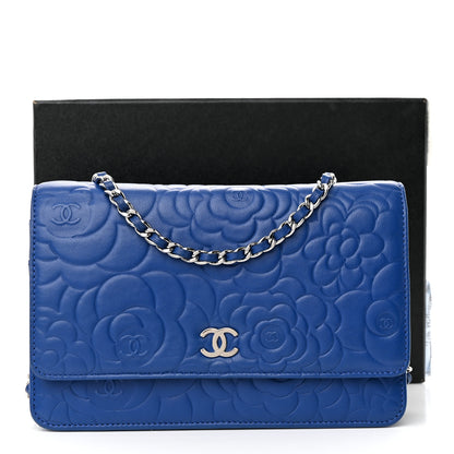 Chanel Lambskin Camellia Embossed Wallet on Chain WOC Blue 13 of 13
