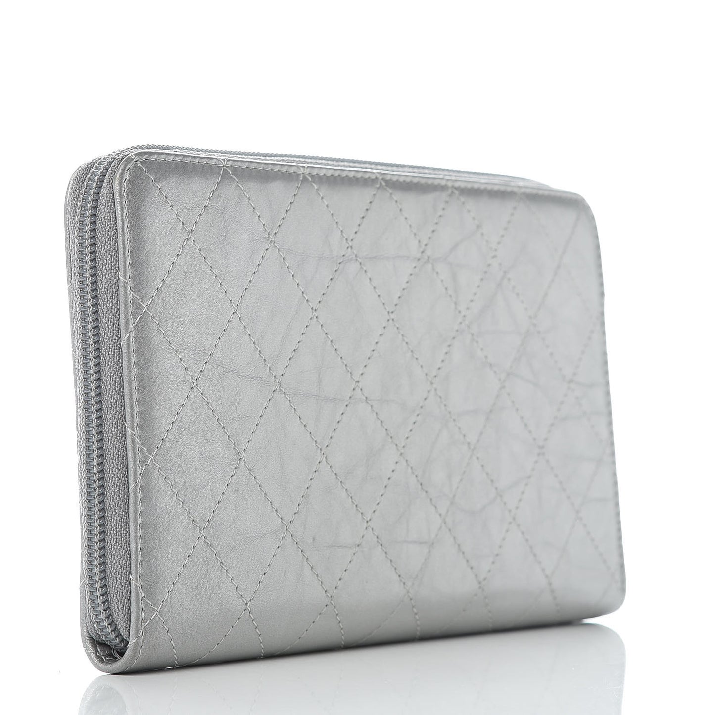 Metallic Aged Calfskin Quilted Palette Large Zip Around Organizer Wallet Silver