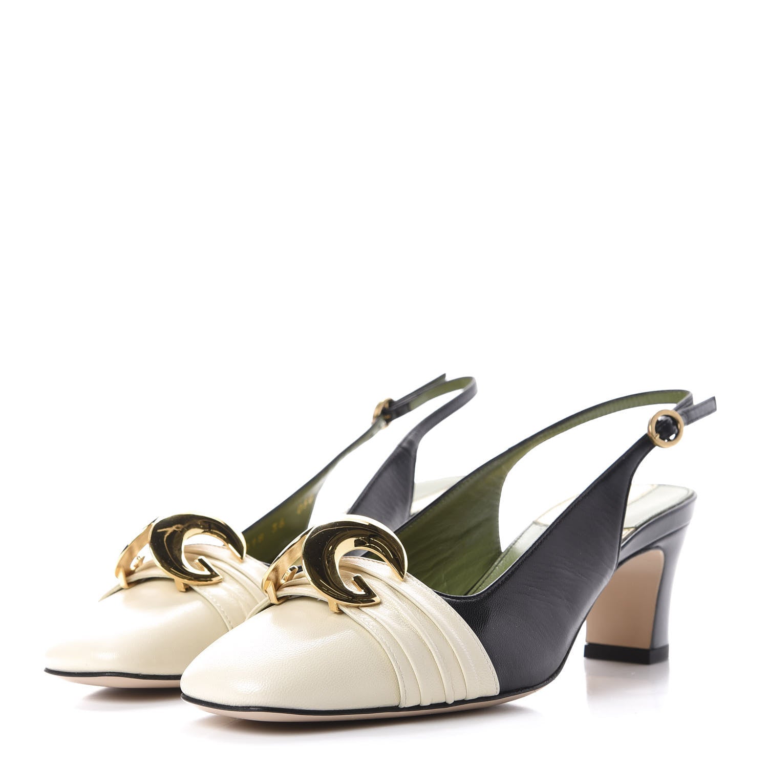 Gucci Malaga Kid Half Moon GG Square Toe Slingback Pumps 36 Black Vintage White 3 of 11
