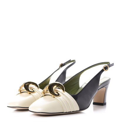 Gucci Malaga Kid Half Moon GG Square Toe Slingback Pumps 36 Black Vintage White 3 of 11