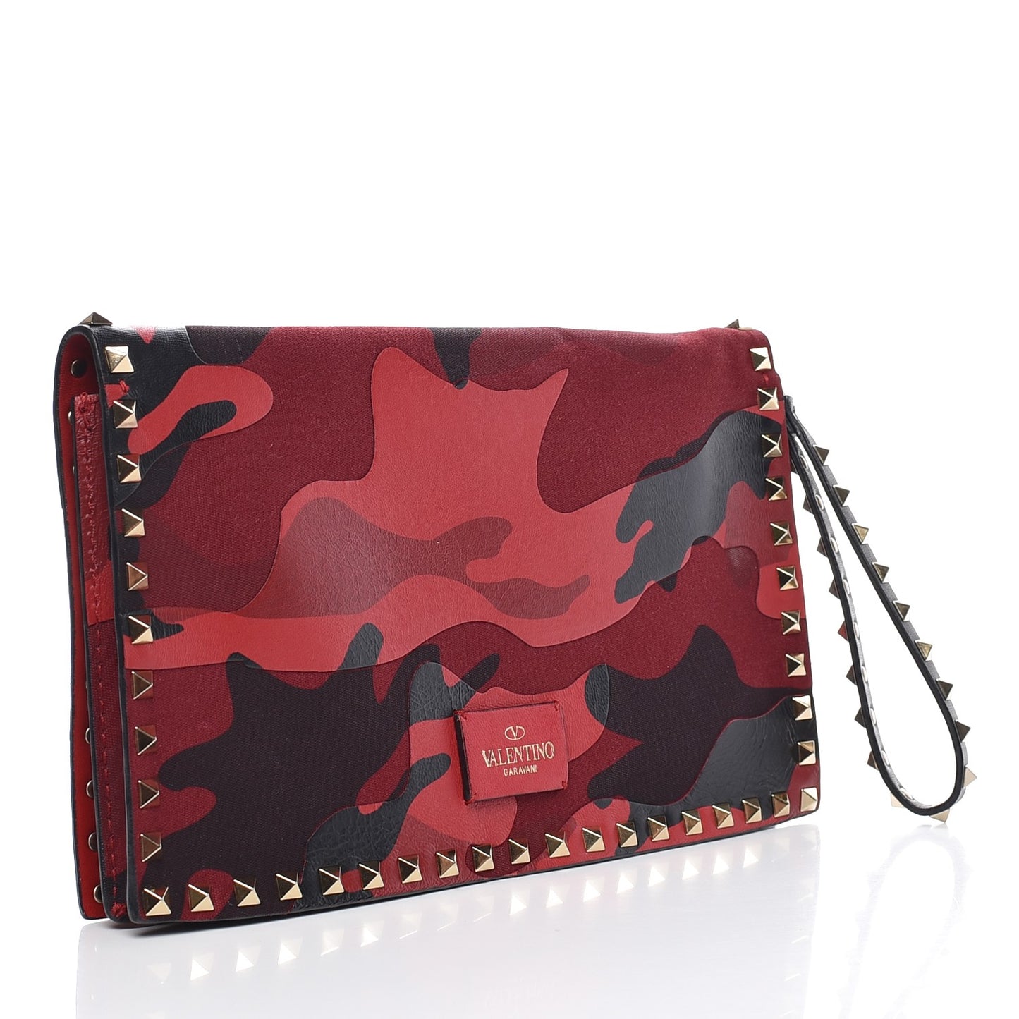 Nappa Canvas Camouflage Rockstud Wristlet Clutch Red Black