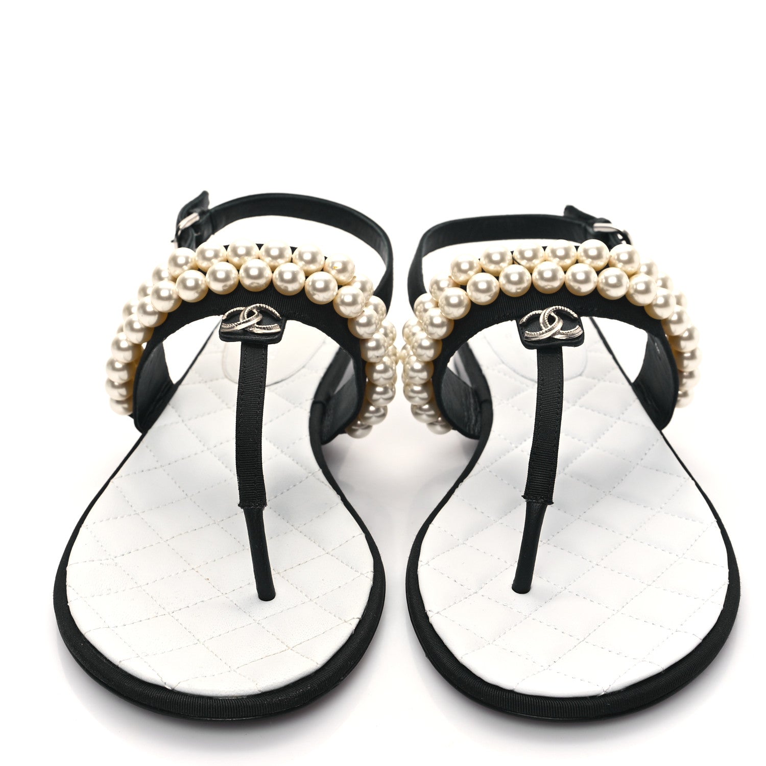 Chanel Grosgrain Pearl CC Sandals 38.5 Black 2 of 10