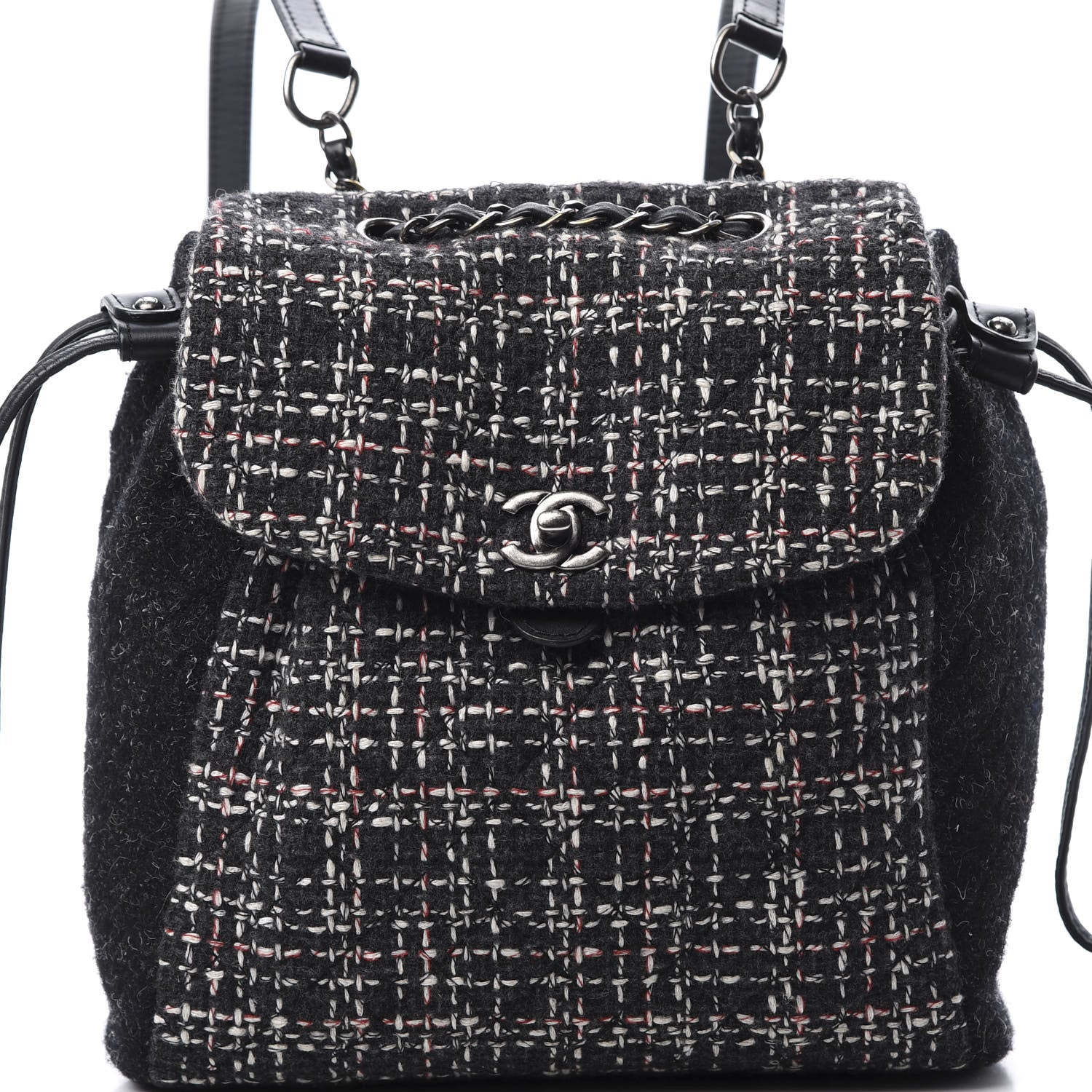 Chanel Tweed Drawstring Backpack Black White Red 6 of 9