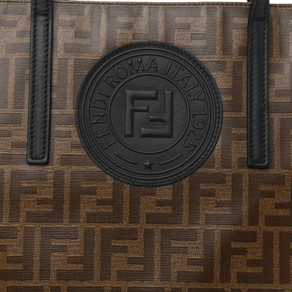 Fendi Glazed Fabric Vitello Century FF 1974 Stamp Patch Shopping Tote Mogano Panna Black 8 of 13