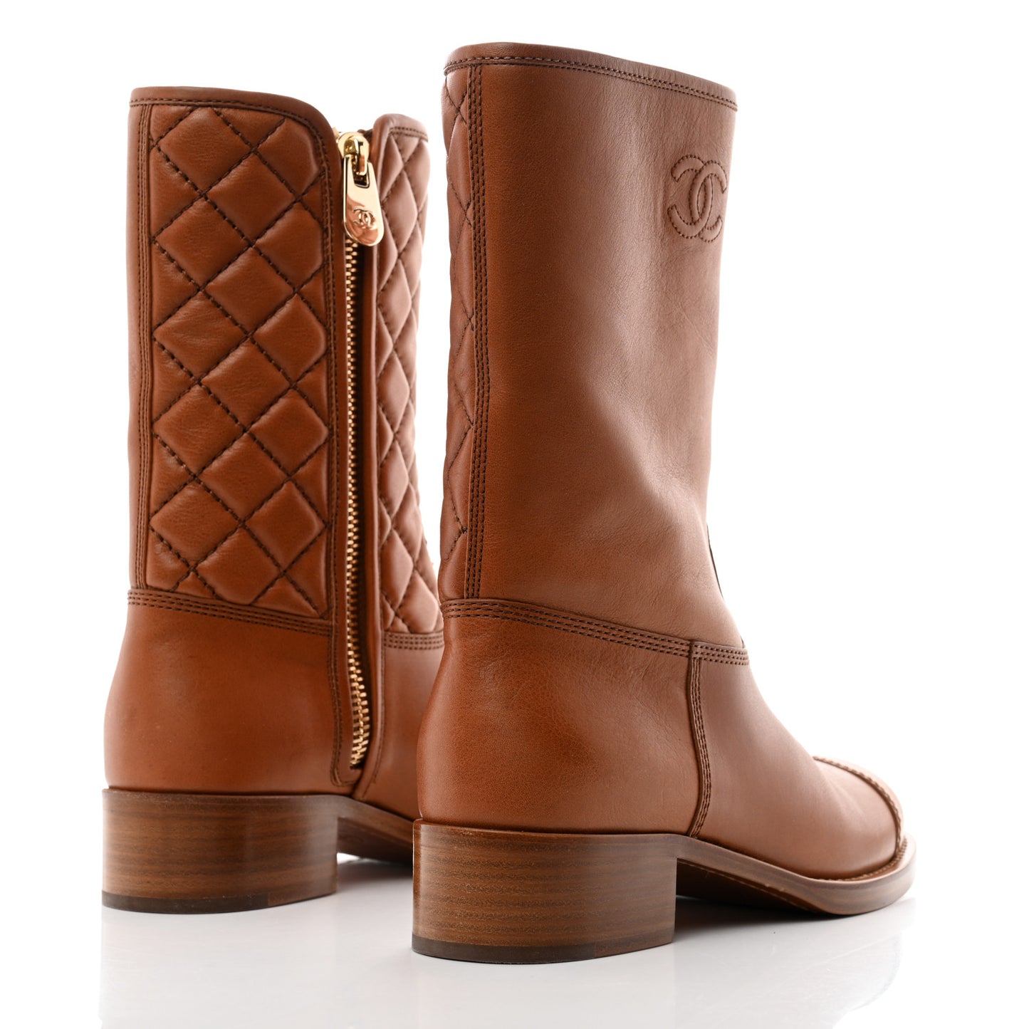 Calfskin CC Logo Mid Calf Boots 39 Caramel