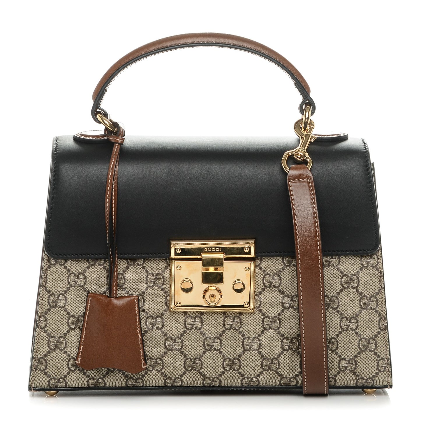 GG Supreme Monogram Calfskin Small Padlock Top Handle Bag Beige Black Cuir