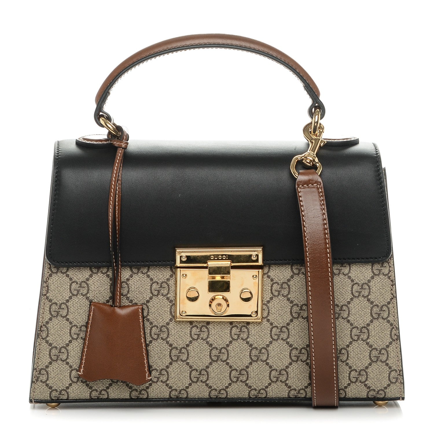 Gucci GG Supreme Monogram Calfskin Small Padlock Top Handle Bag Beige Black Cuir 1 of 6