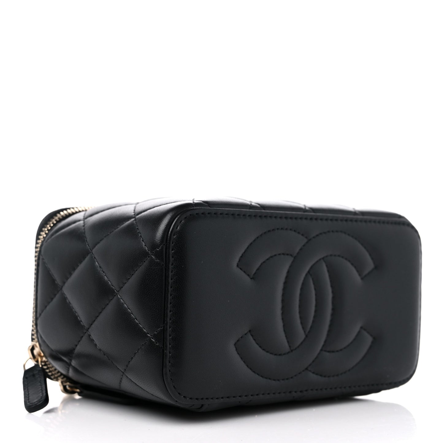 Lambskin Quilted Small Top Handle Vanity Case With Chain Black