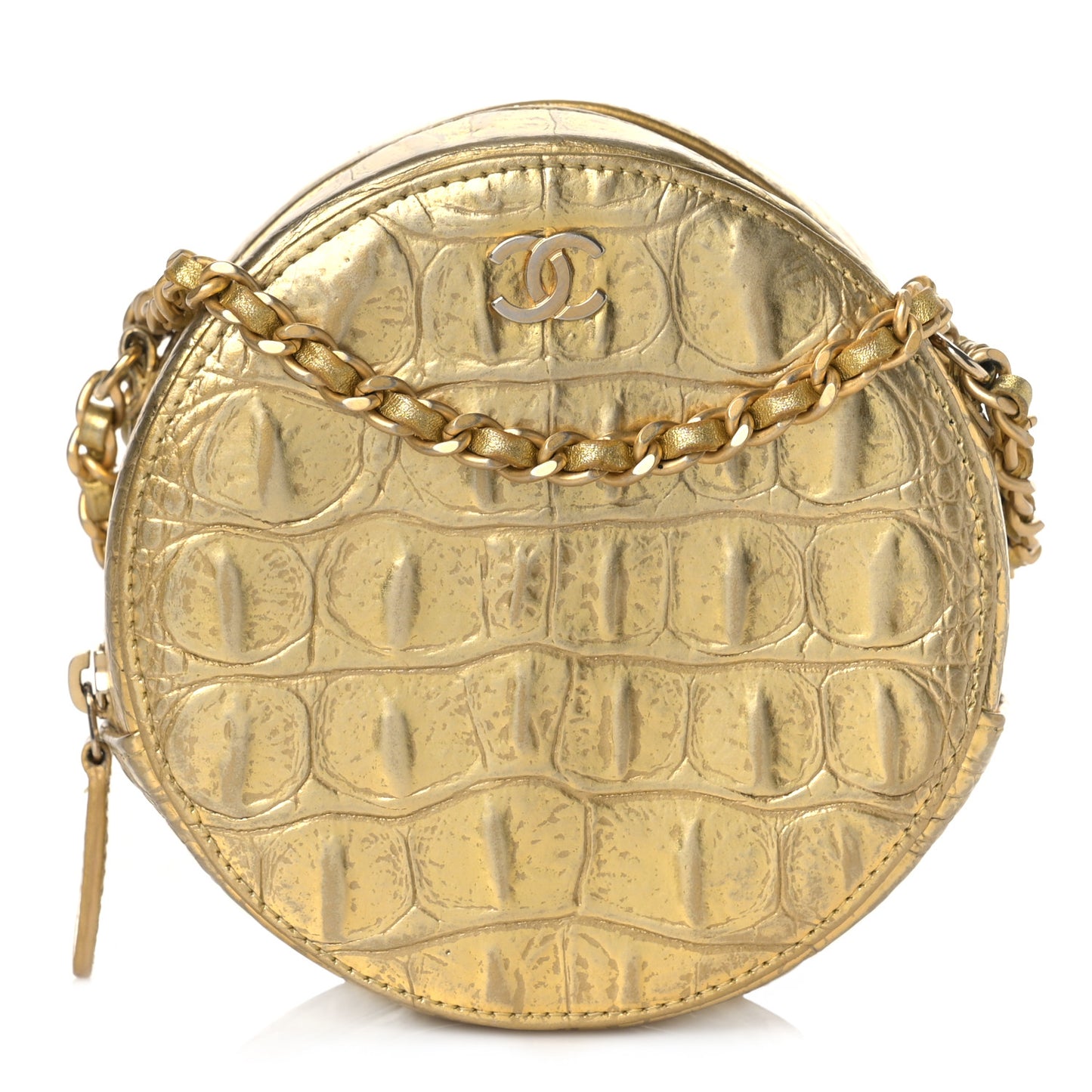 Metallic Calfskin Crocodile Embossed Cocodile Round Clutch with Chain Gold