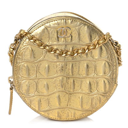 Chanel Metallic Calfskin Crocodile Embossed Cocodile Round Clutch with Chain Gold 1 of 18