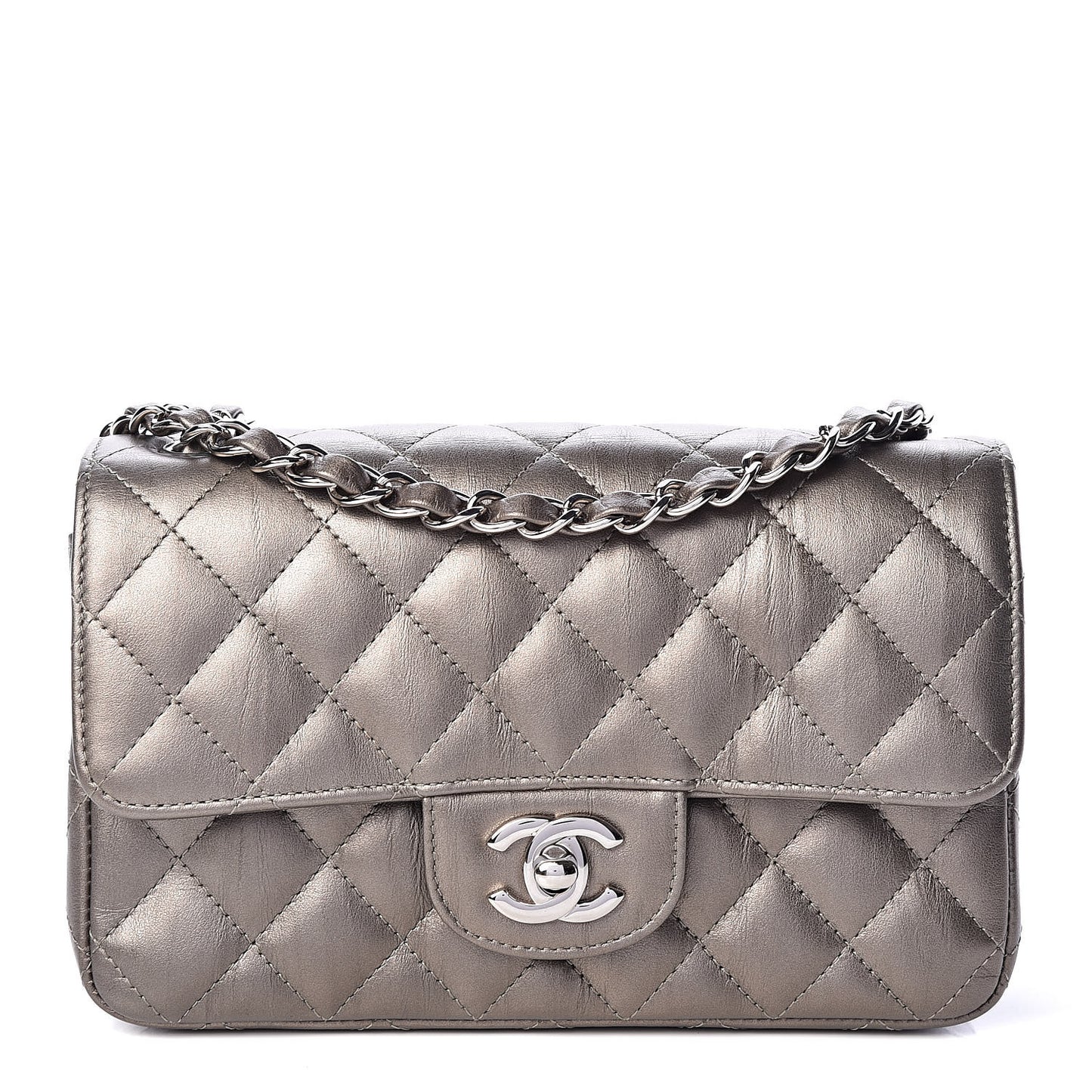 Iridescent Calfskin Quilted Mini Rectangular Flap Dark Silver