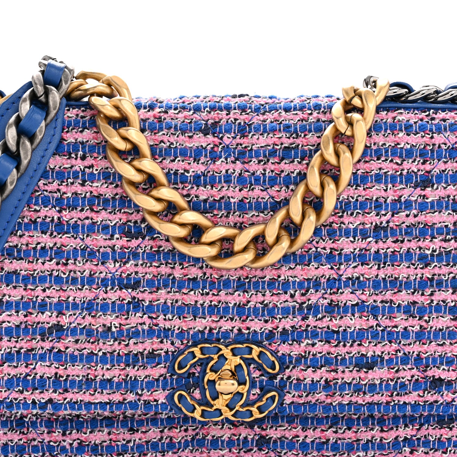 Chanel Tweed Quilted Chanel 19 Wallet On Chain WOC Blue Pink 9 of 14