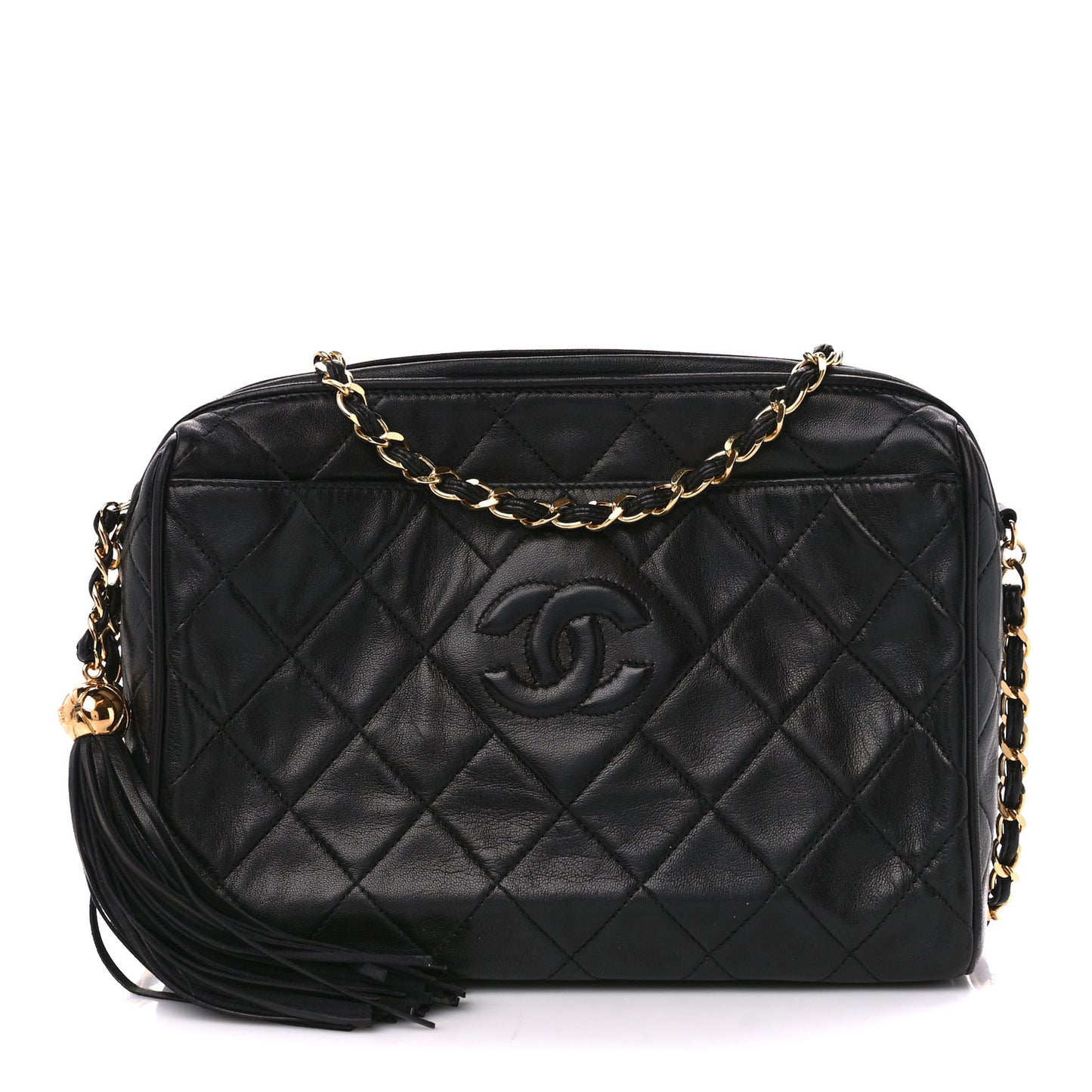 Lambskin Quilted CC Tassel Camera Case Black