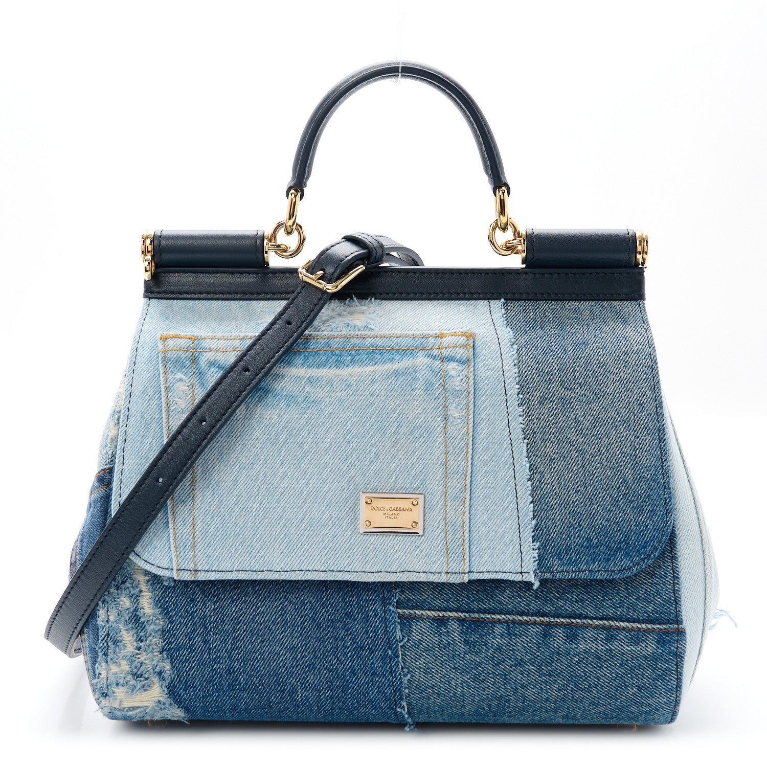 Dolce & Gabbana Calfskin Denim Patchwork Medium Miss Sicily Satchel Blue 1 of 9