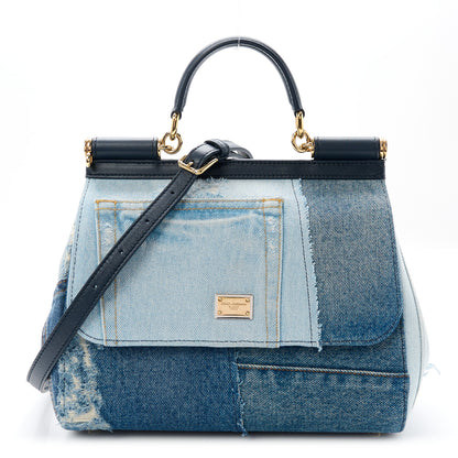 Dolce & Gabbana Calfskin Denim Patchwork Medium Miss Sicily Satchel Blue 1 of 9