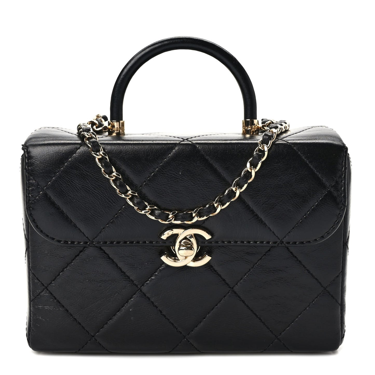 Shiny Calfskin Quilted Small CC Top Handle Box Bag Black
