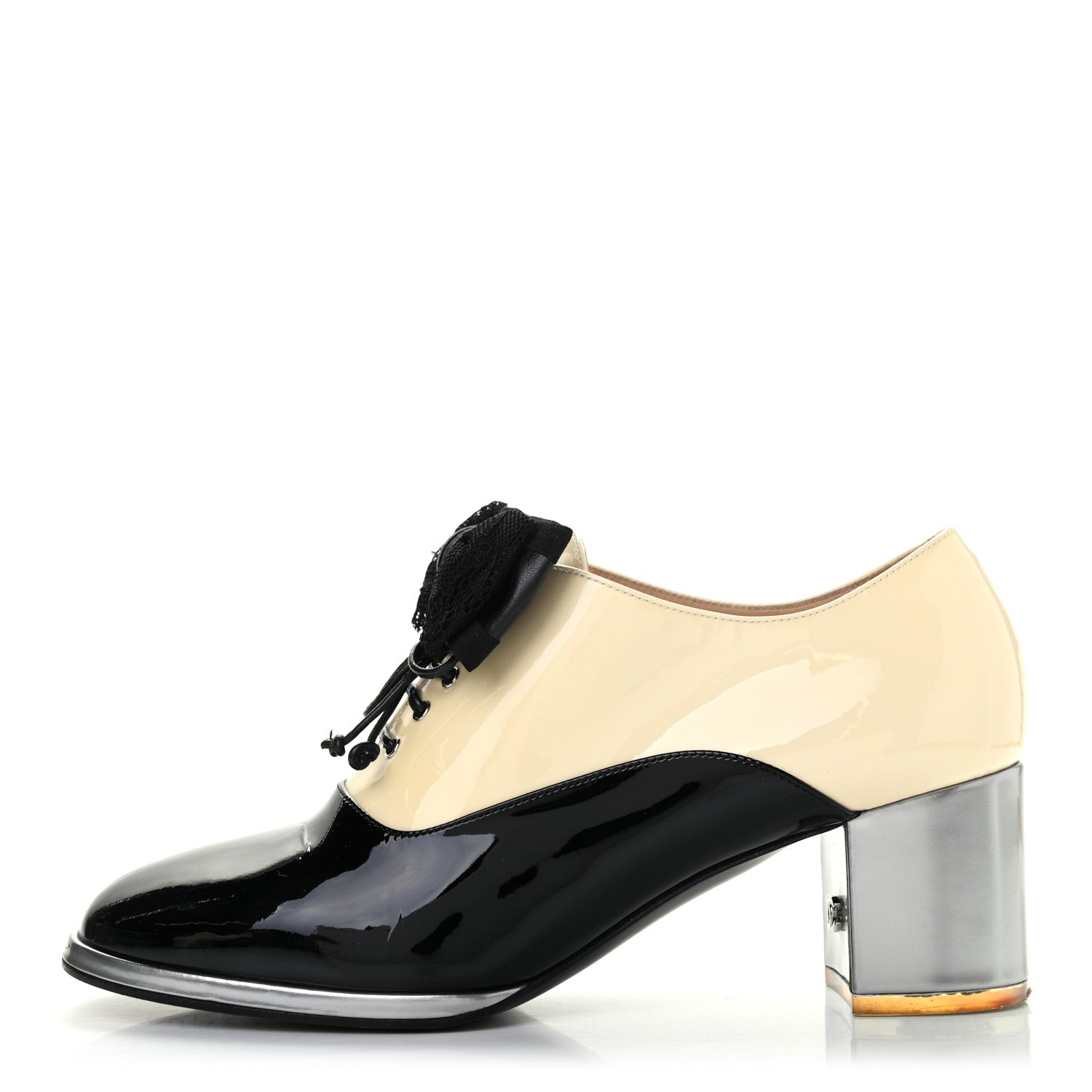 Chanel Patent Calfskin CC Bow Lace Up Oxford Pumps 37.5 Beige Black 1 of 8