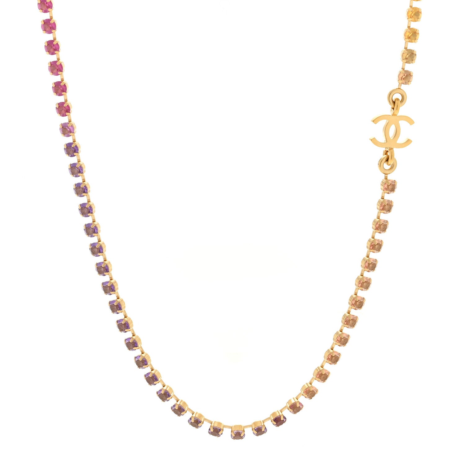 Chanel Metal Crystal CC Long Necklace Gold Pink Orange Purple Yellow 1 of 4