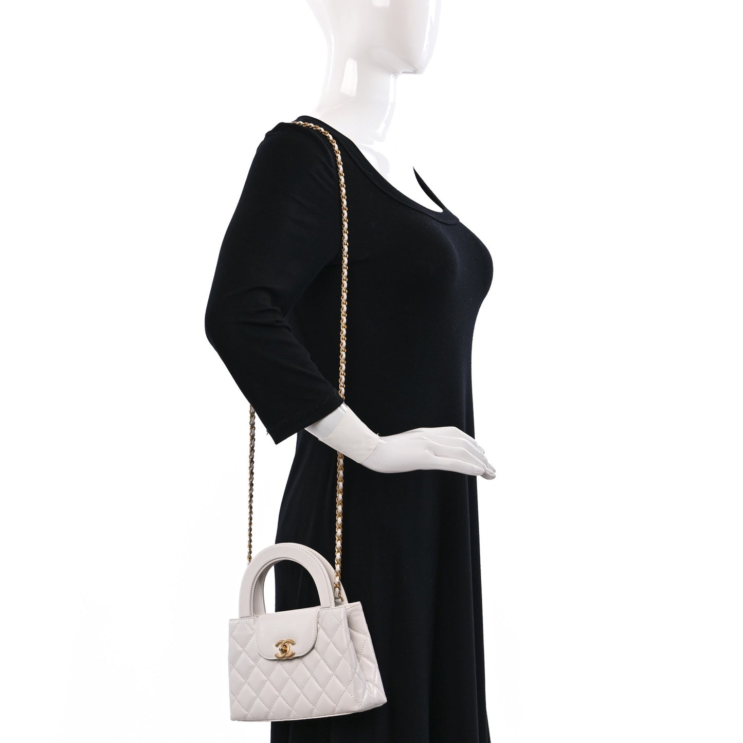 Shiny Aged Calfskin Quilted Nano Kelly Shopper White