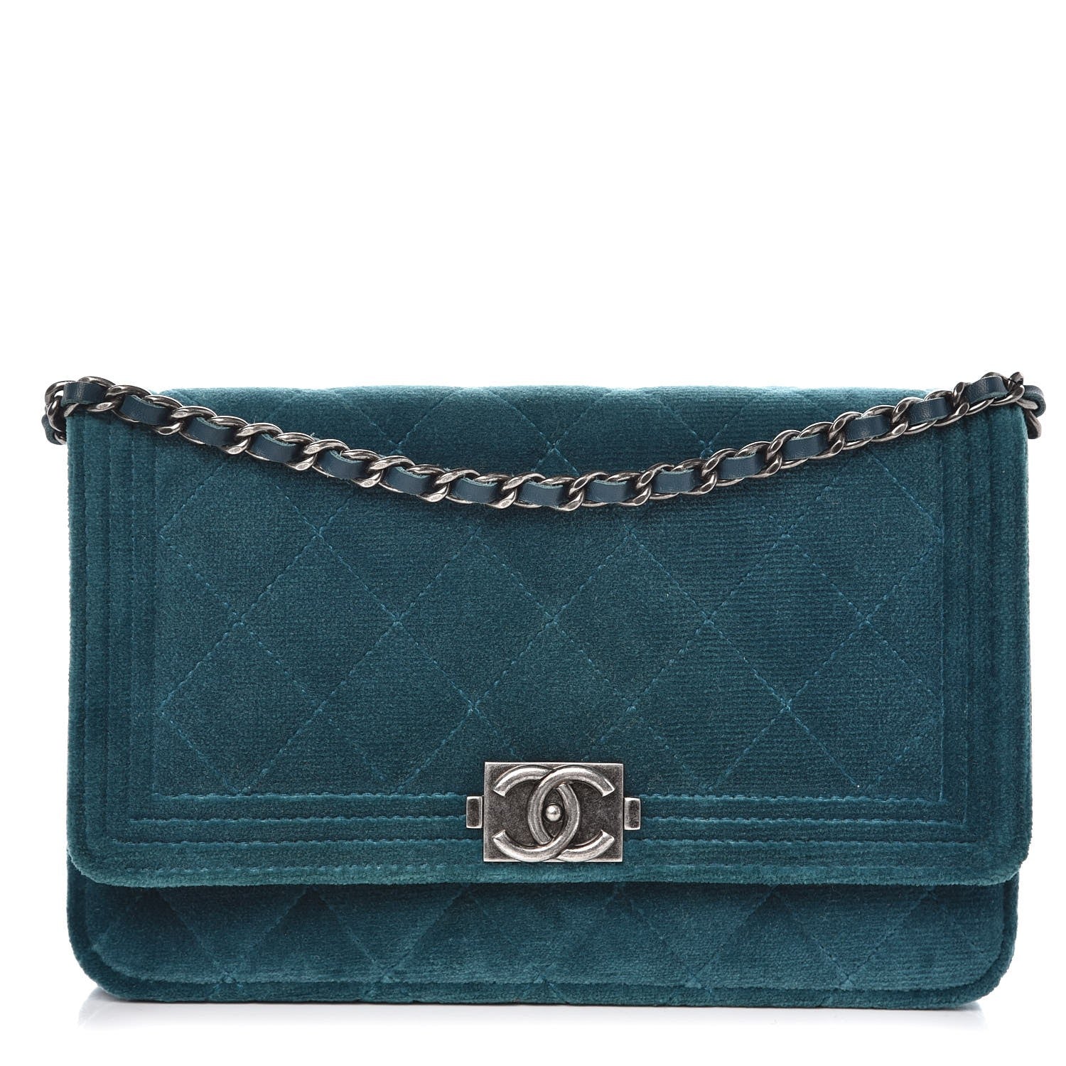 Chanel Velvet Quilted Boy Wallet On Chain WOC Teal 1 of 9