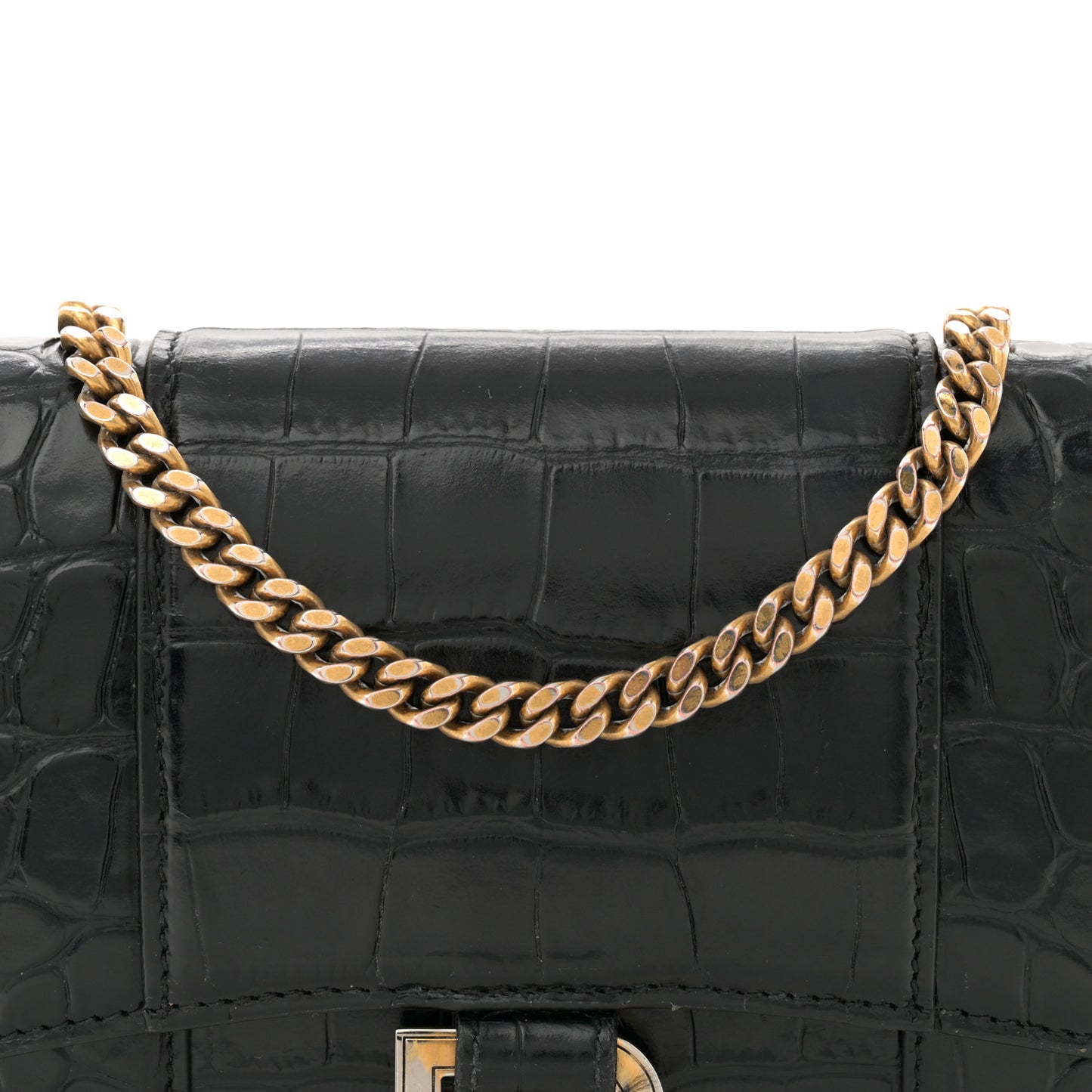 Shiny Calfskin Crocodile Embossed Hourglass Chain Bag Black