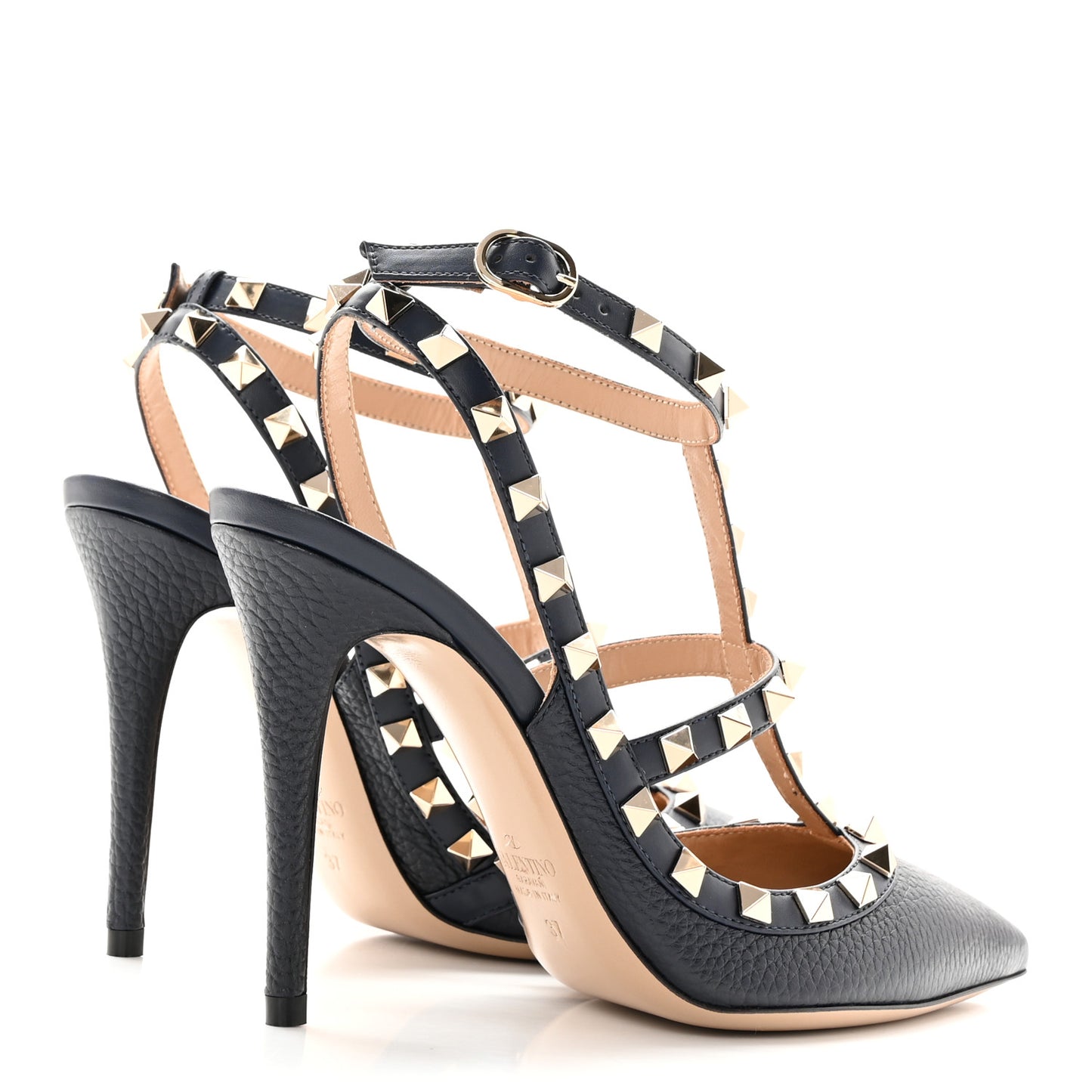 Pebbled Calfskin Rockstud Ankle Strap 100mm Pumps 37 Deep Denim